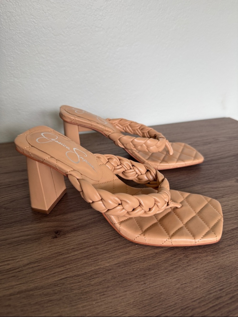Jessica Simpson Tan Braided Quilted Block Heel Sandals